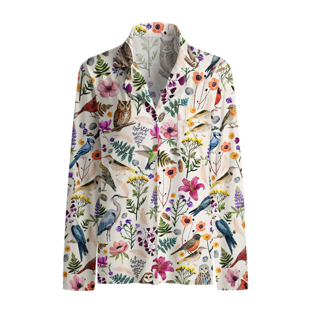 Whimsical Woodland Birds Wildflowers Print Long Pajama Set  Sale - CottonPoppy