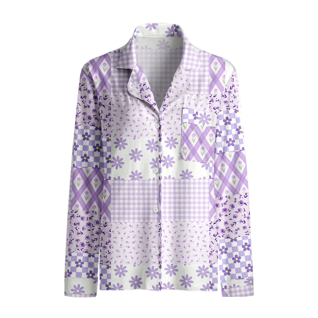 Lavender Daisy & Gingham Print Long Pajama Set  Sale - CottonPoppy