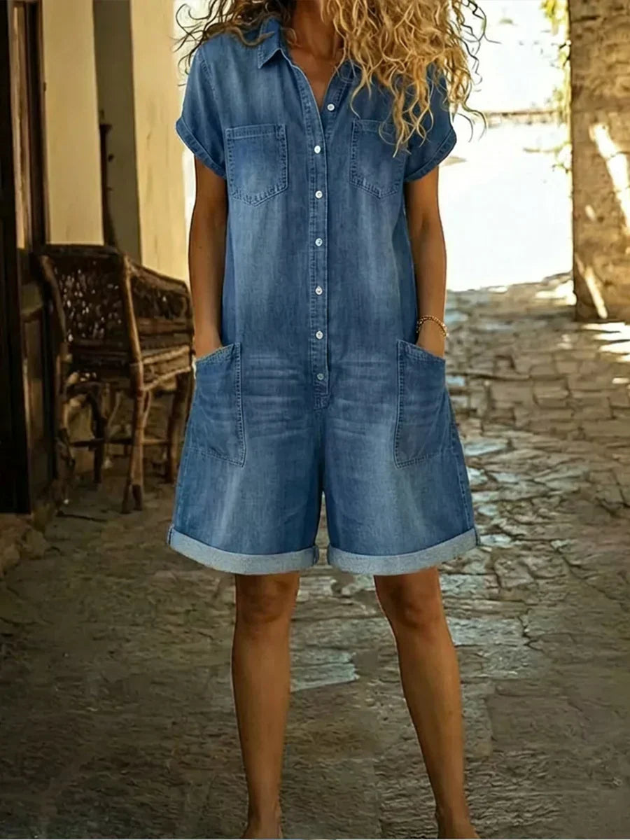 Elvora | Denim yhdistelmäpuku kauluksella ja lyhyillä hihoilla | Anne Helsinki