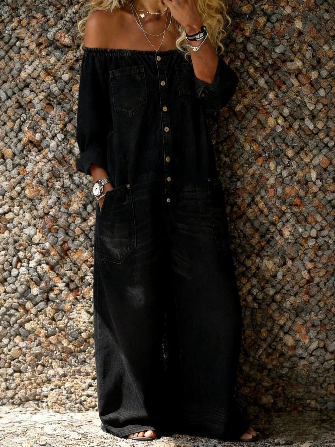 Noa | Denim yksiosainen puku Off-shoulder kaula-aukolla | Anne Helsinki
