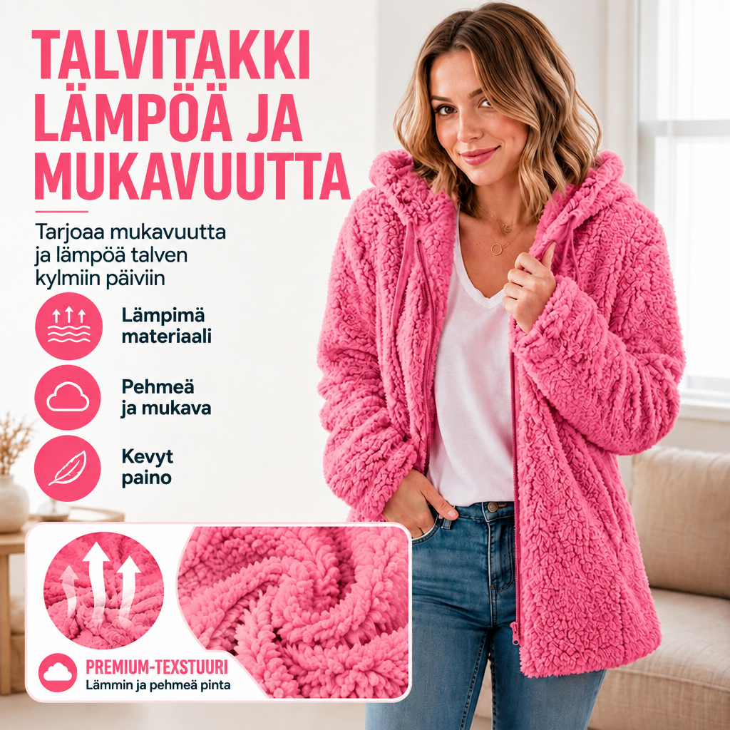 Sirkka | Pehmeä hupullinen vetoketjutakki